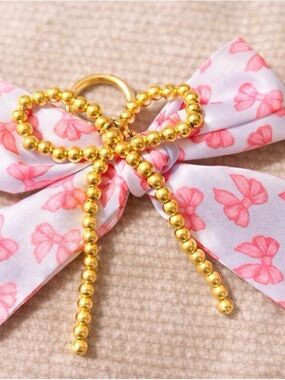 Boutique Pink Bow Purse Charm Gold Beaded Ribbon Coquette Bag Accessory Keychain